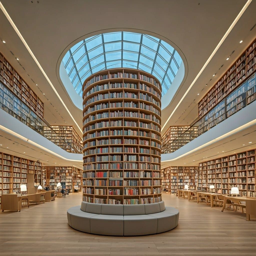 Sleek Contemporary Library Interior with Central Bookshelf