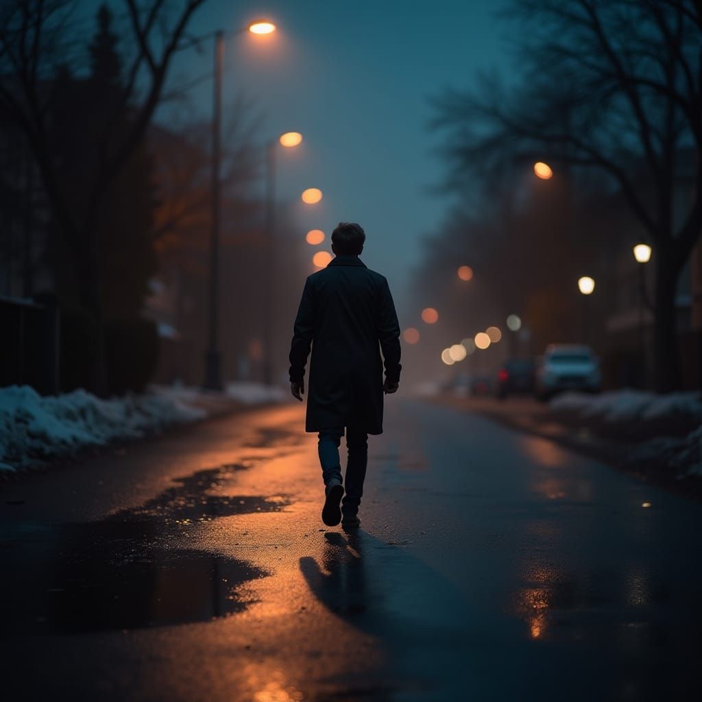 Lone Figure on Deserted Street at Nightfall
