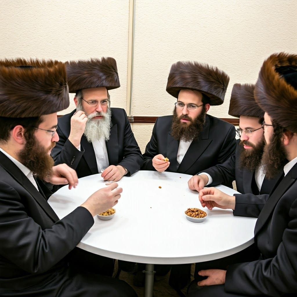 Traditional Hasidic Men Gather Around a Table