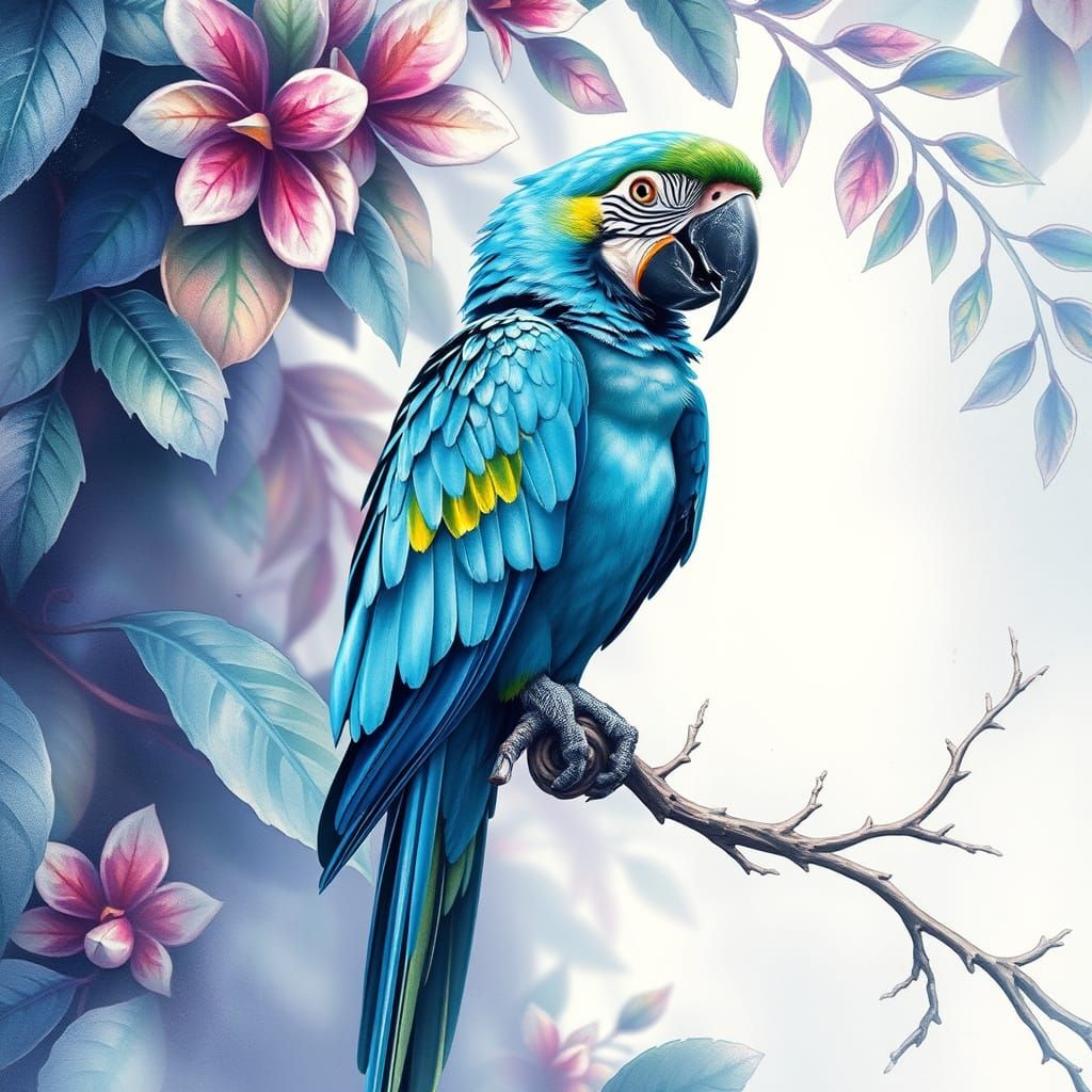 Dreamy Blue Parrot in Whimsical Watercolour