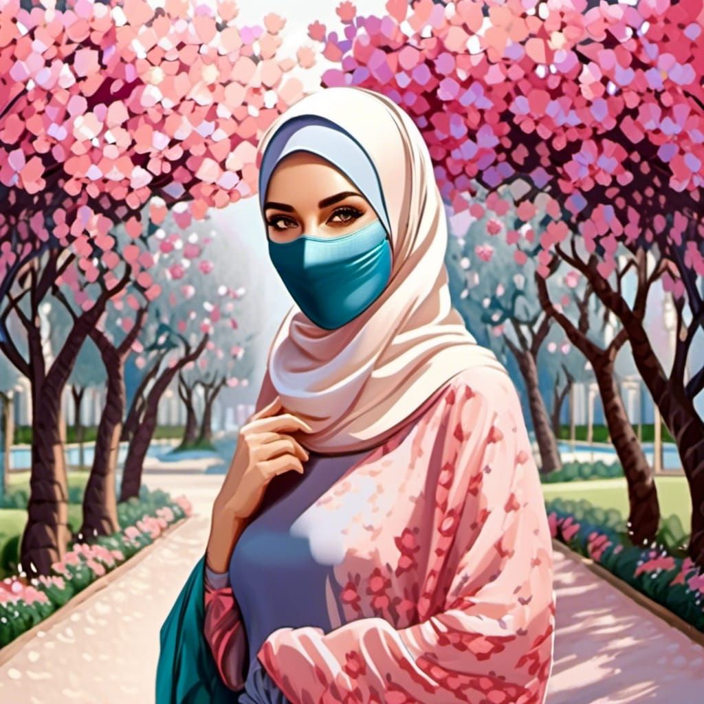 European Hijabi Woman in City Garden Watercolor