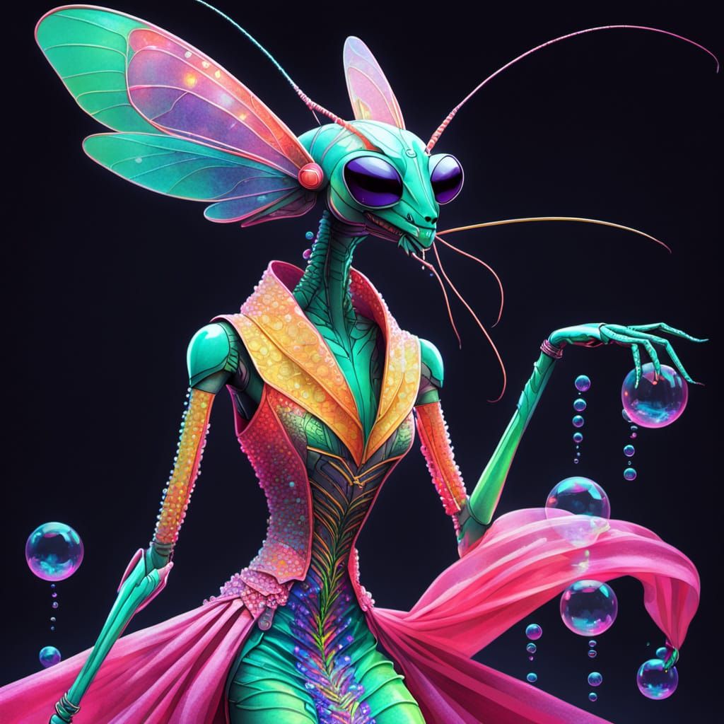 High Fashion Mantis in Bubble Gown: Synthwave Illustration