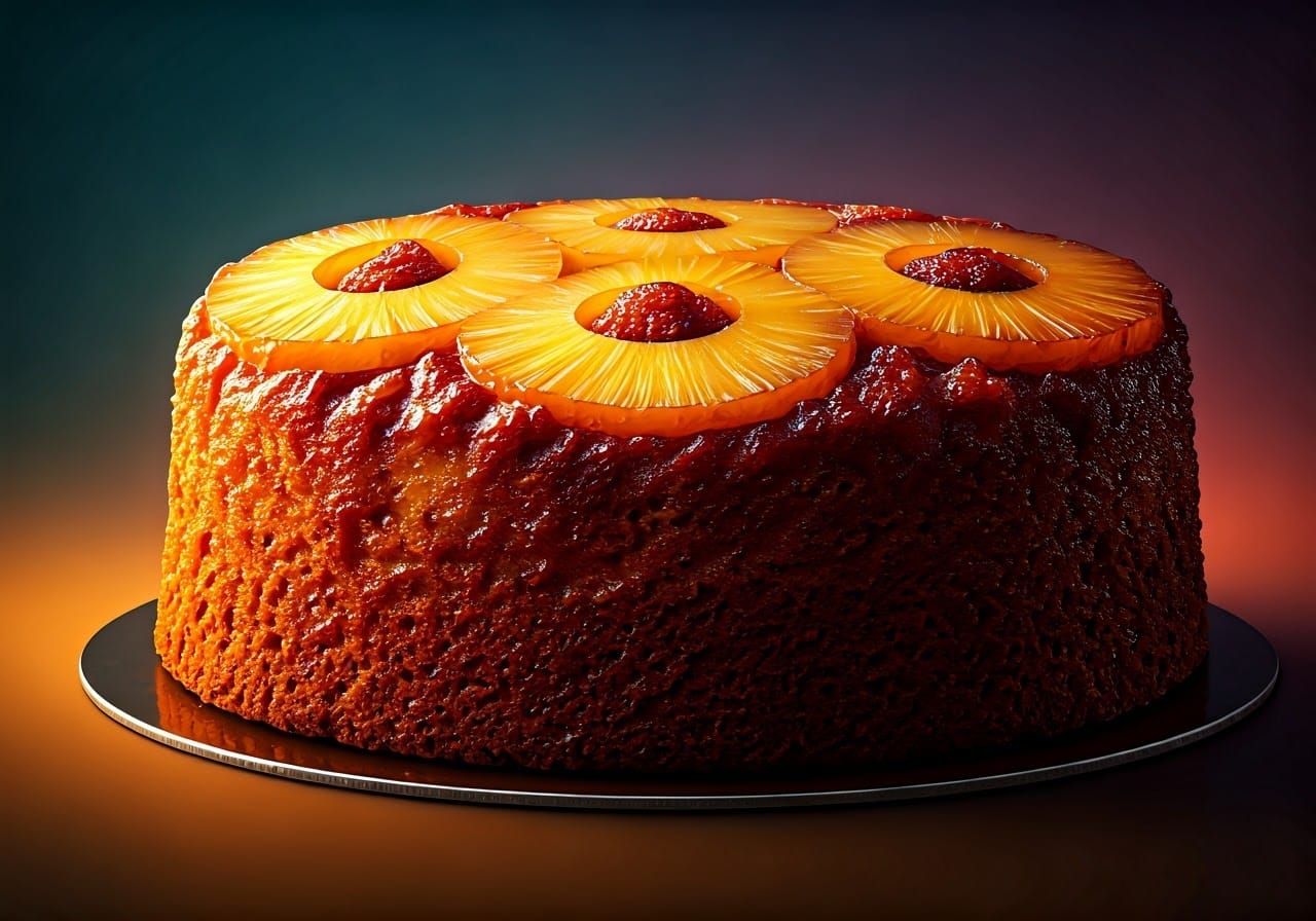 Hyperrealistic Pineapple Upside-Down Cake with Dramatic Ligh...