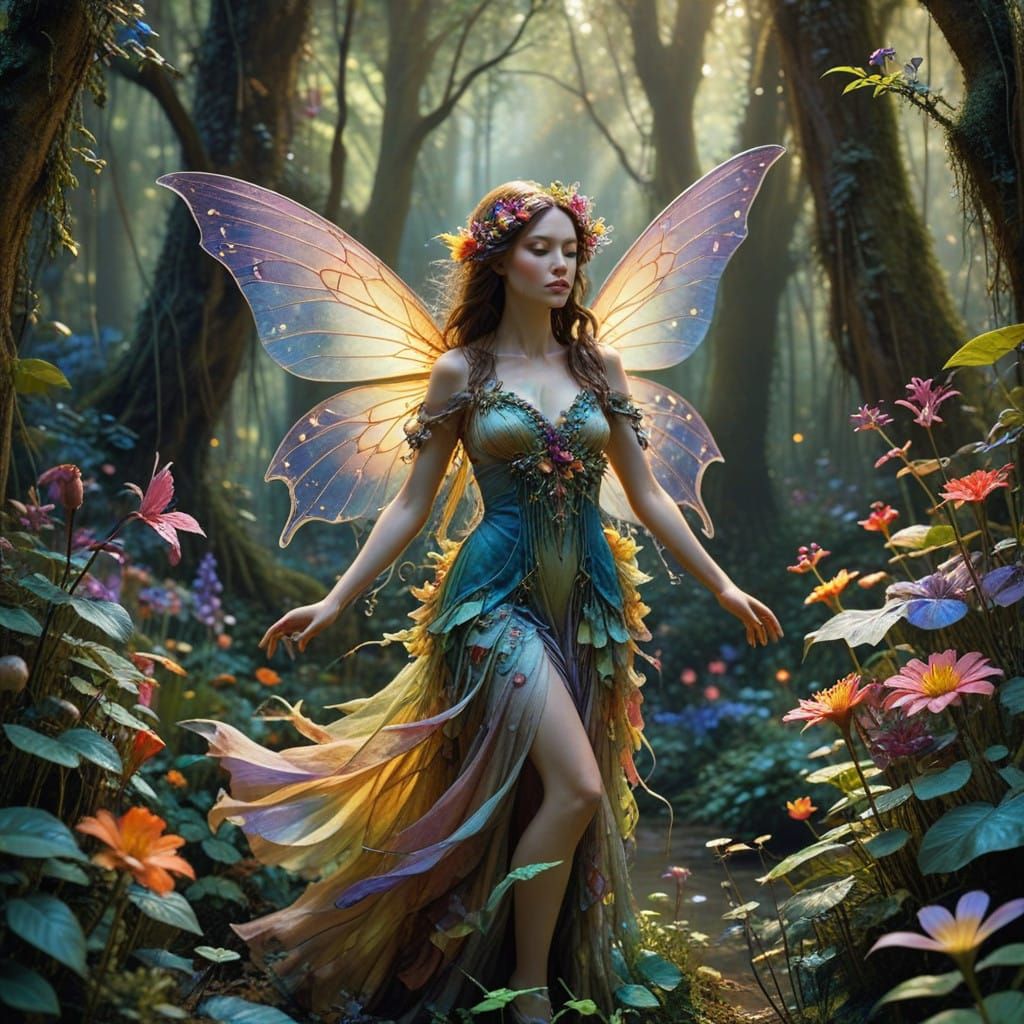 Whimsical Fairy in a Lush Floral Wonderland
