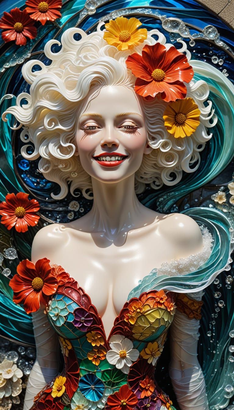 Luminous Stained Glass Albino Sculpture on Stormy Beach