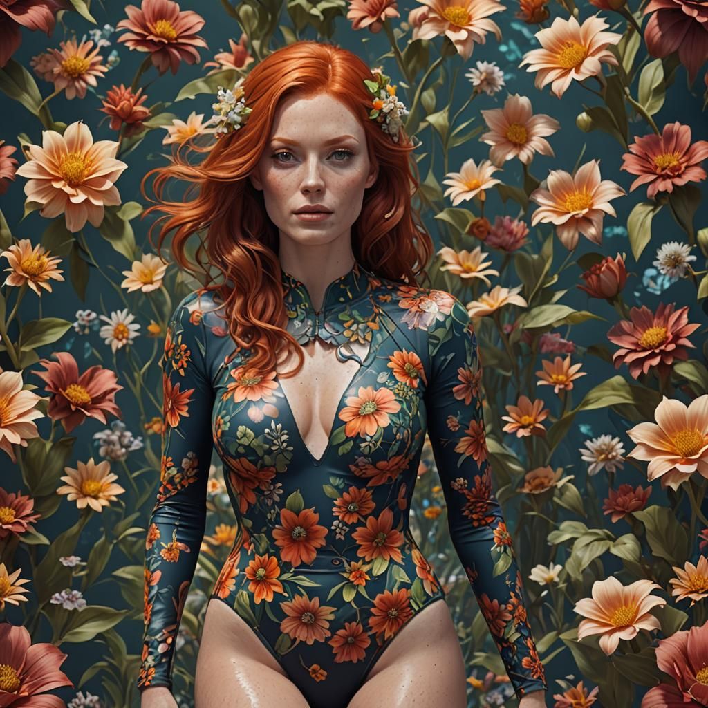 Redheaded Woman in Flower Swimsuit: Fantasy Art