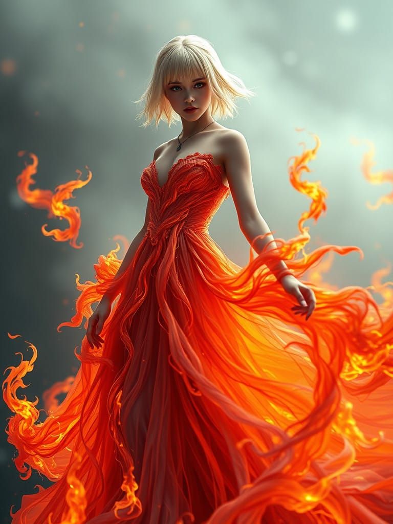 Ethereal Flame Goddess in Mystical, Dreamlike Setting