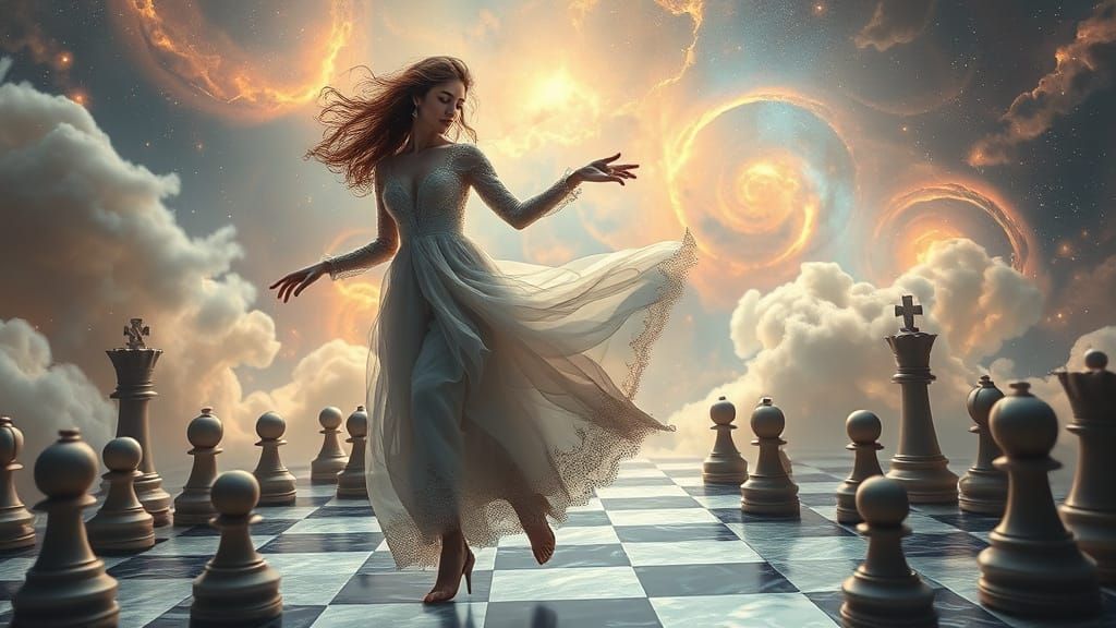 Hyperrealistic Woman Dances on Cosmic Chessboard in Intricat...
