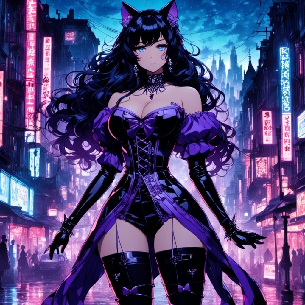 Anime Woman with Cat Ears in Glitchcore Cityscape