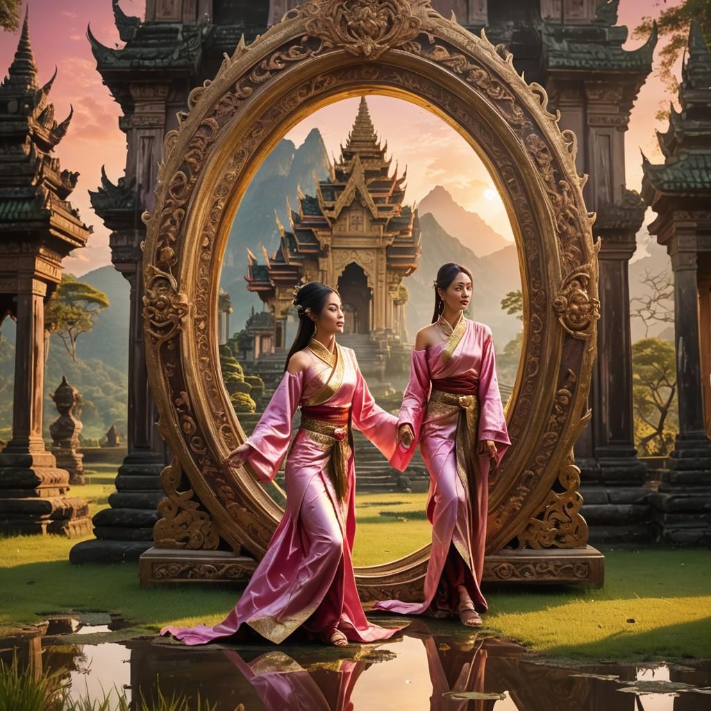 Asian Woman Emerges from Mirror in Anime Style