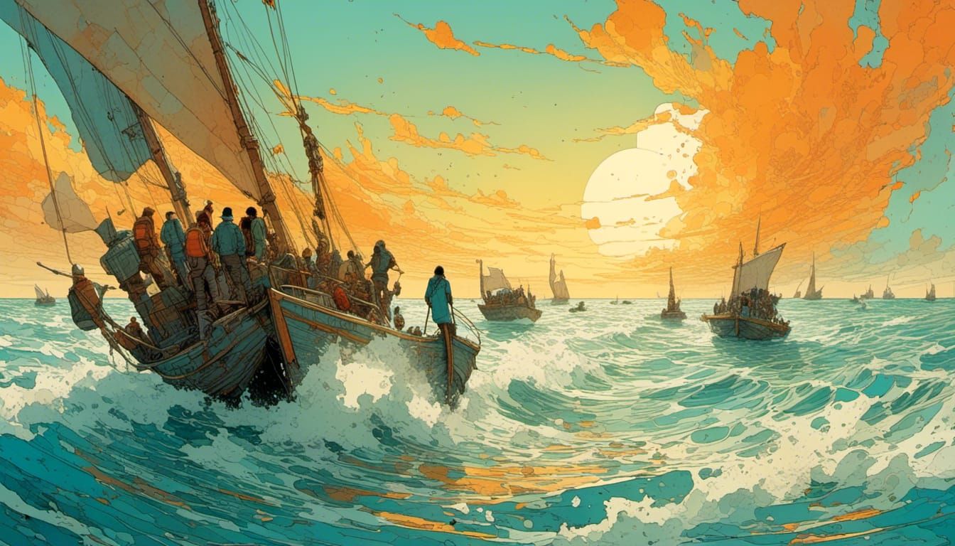 Dhow Sailing on Choppy Sea in Vibrant Style