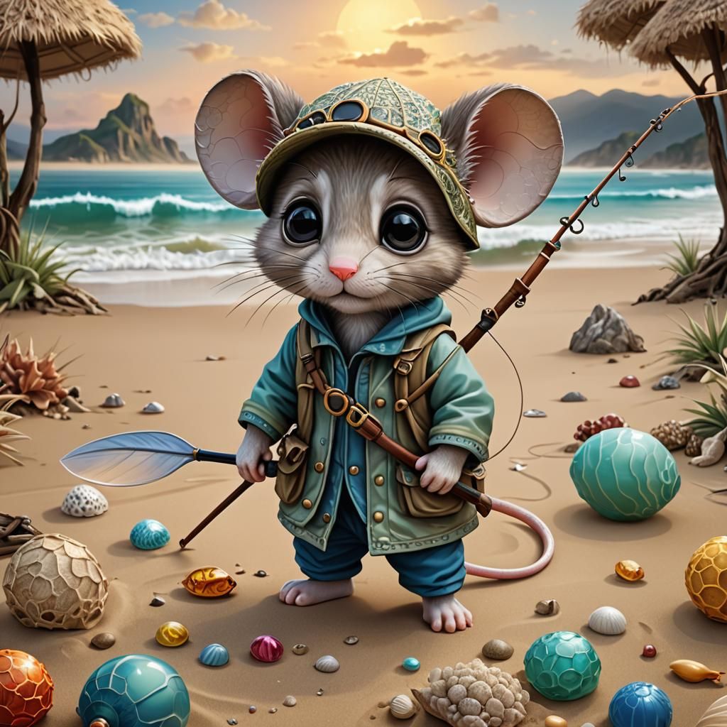 Adorable Chibi Mouse Fisherman on the Beach