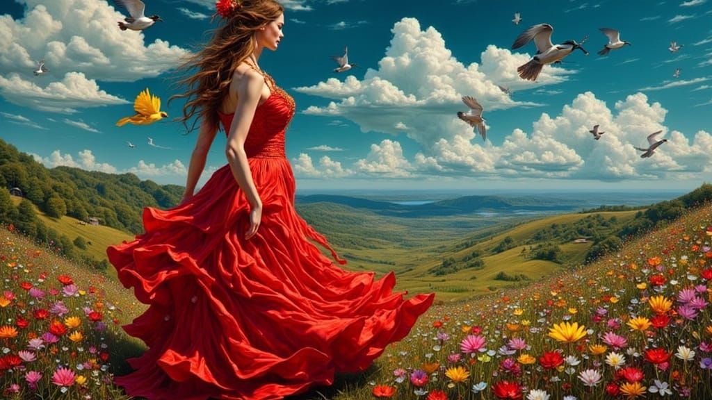 Elegant Woman in Dreamscape, Impressionist Surrealist Style