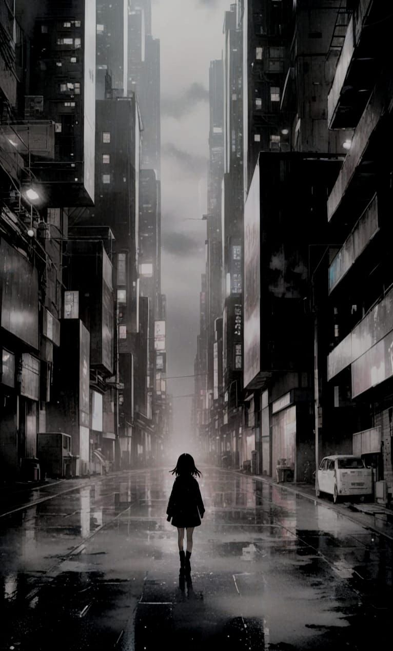 Lonely Girl in Dark City, Dreamy Pop Art Anime Style