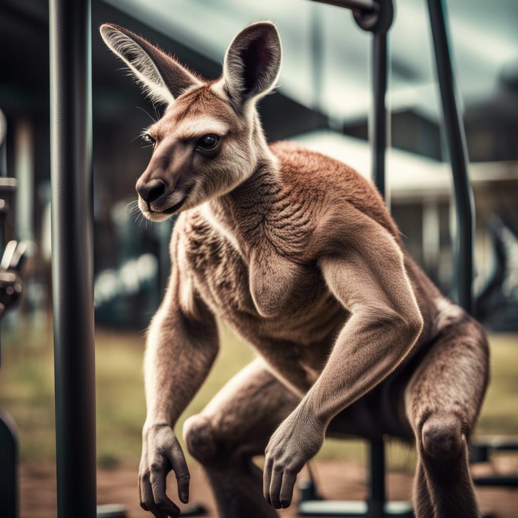 Hyperrealistic Bodybuilding Kangaroos in Outdoor Gym