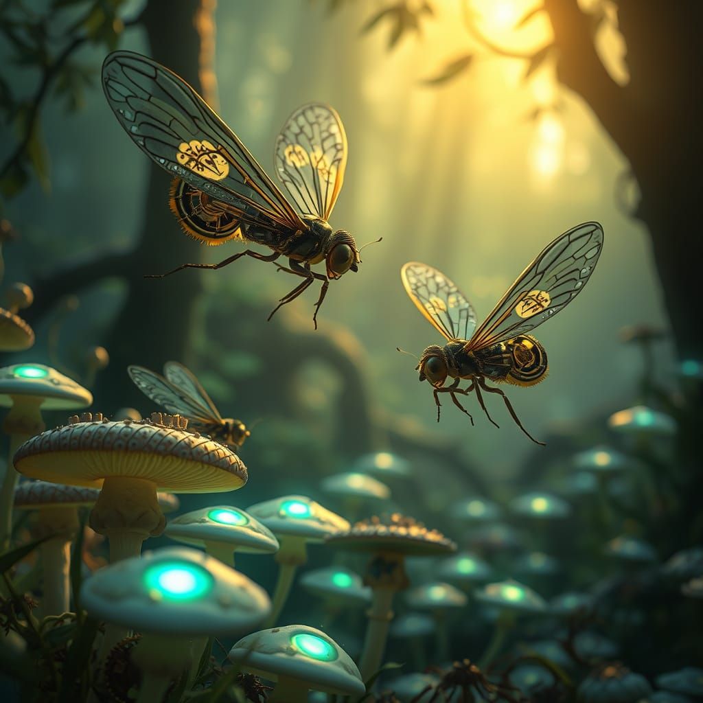 Steampunk Fireflies Dance Around Bioluminescent Mushrooms in...