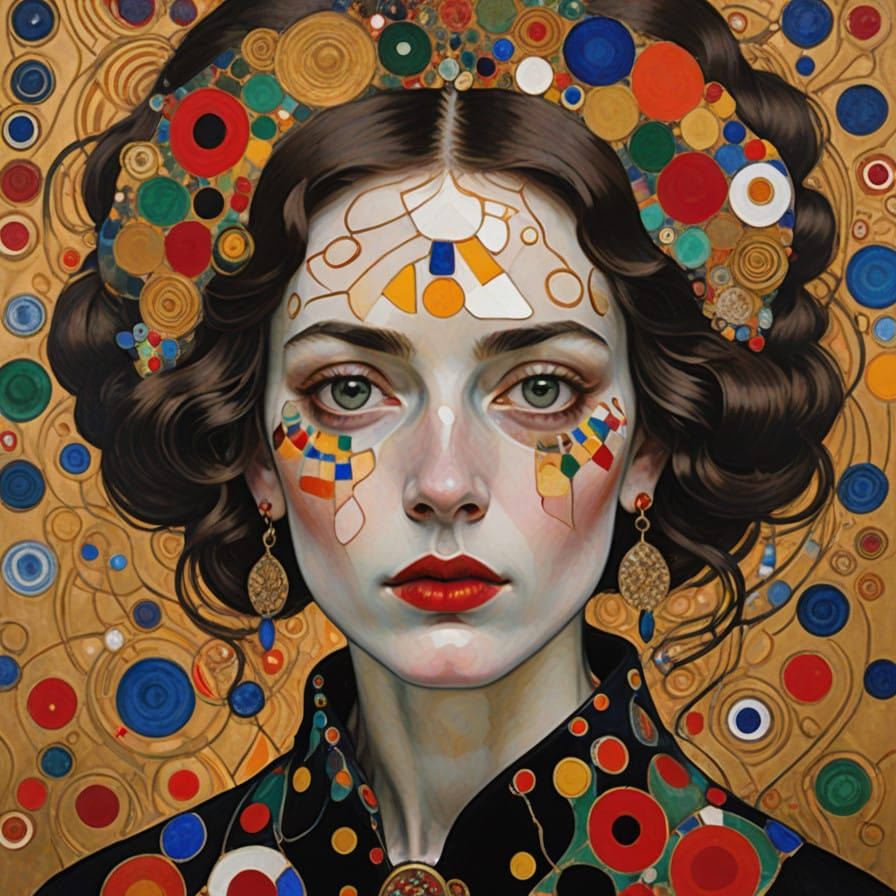 Girl's Face with Abstract Gouache Painting and Baroque Jewel...