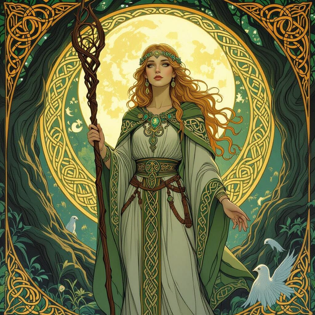 Celtic Druidess in Moonlit Grove, Art Nouveau Style