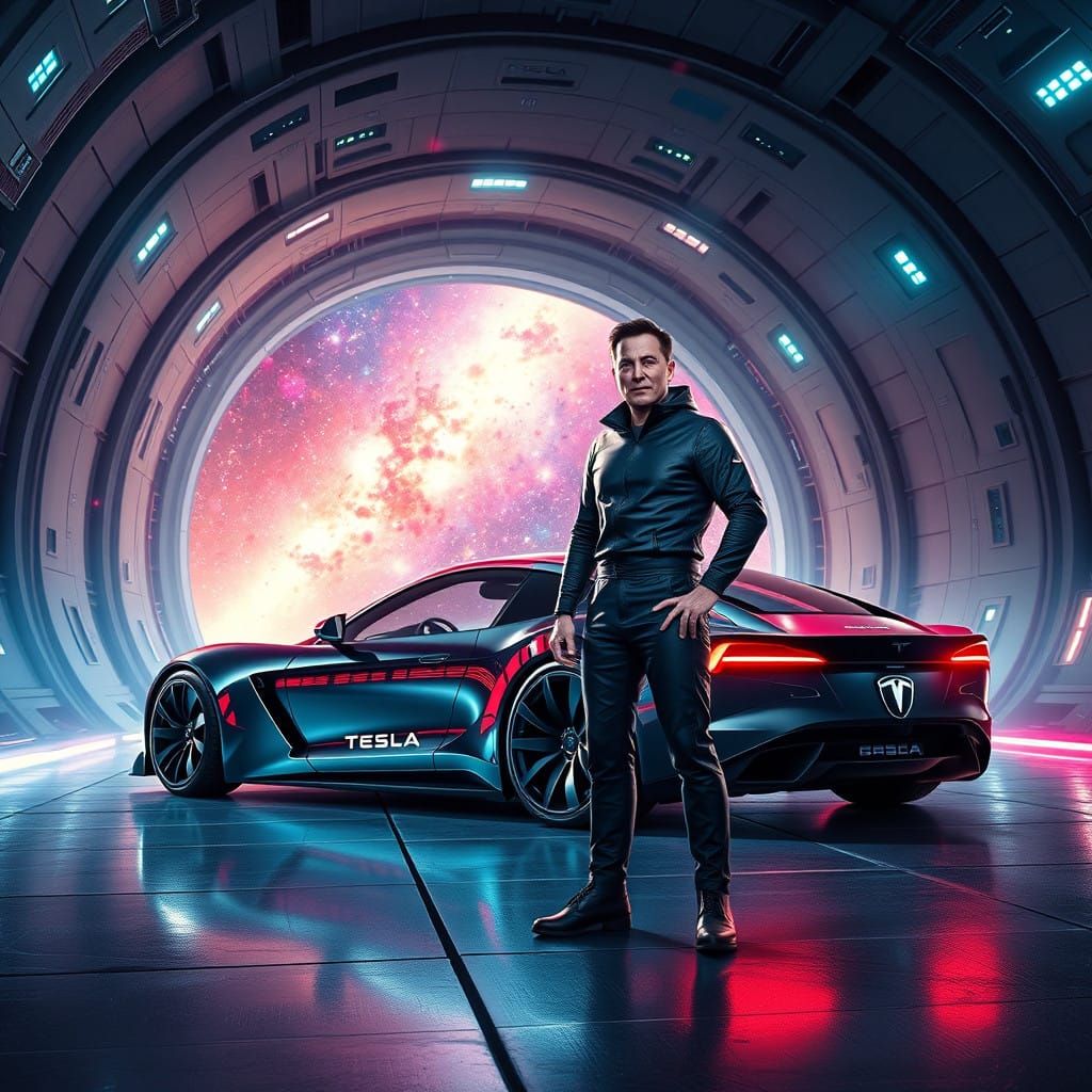 Heroic Elon Musk in Futuristic Space Station with Tesla Cybe...