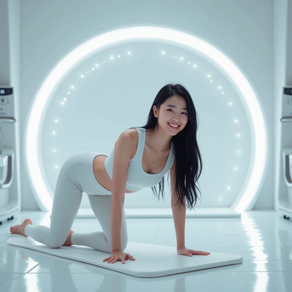 Cyberpunk Fitness: Asian Woman Planking in Futuristic Gym