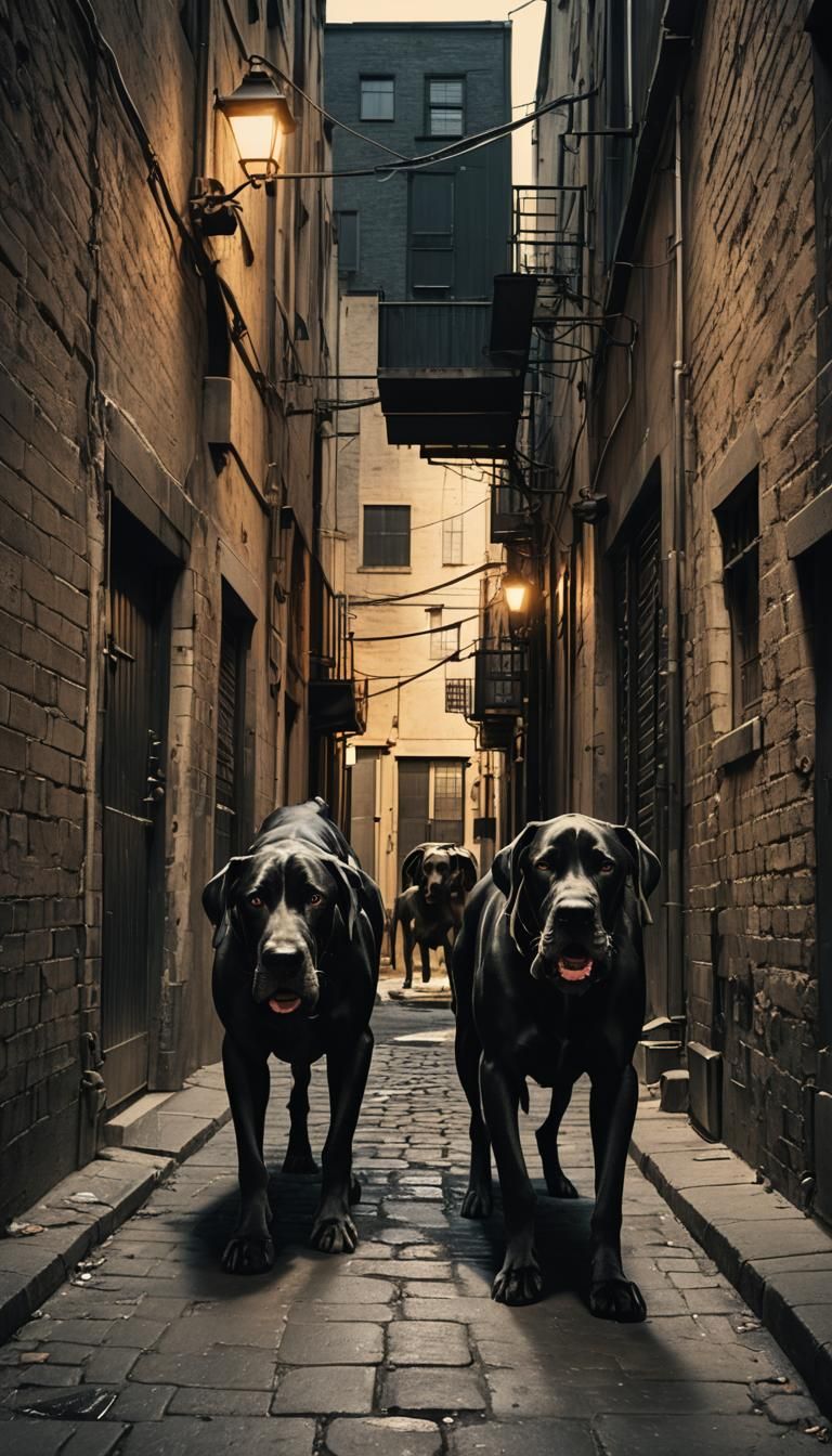 Fierce Great Danes Snarling in Dark Alleyway