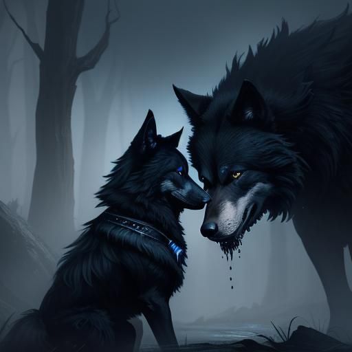 Blue Goth Wolf Kissing a Black Wolf