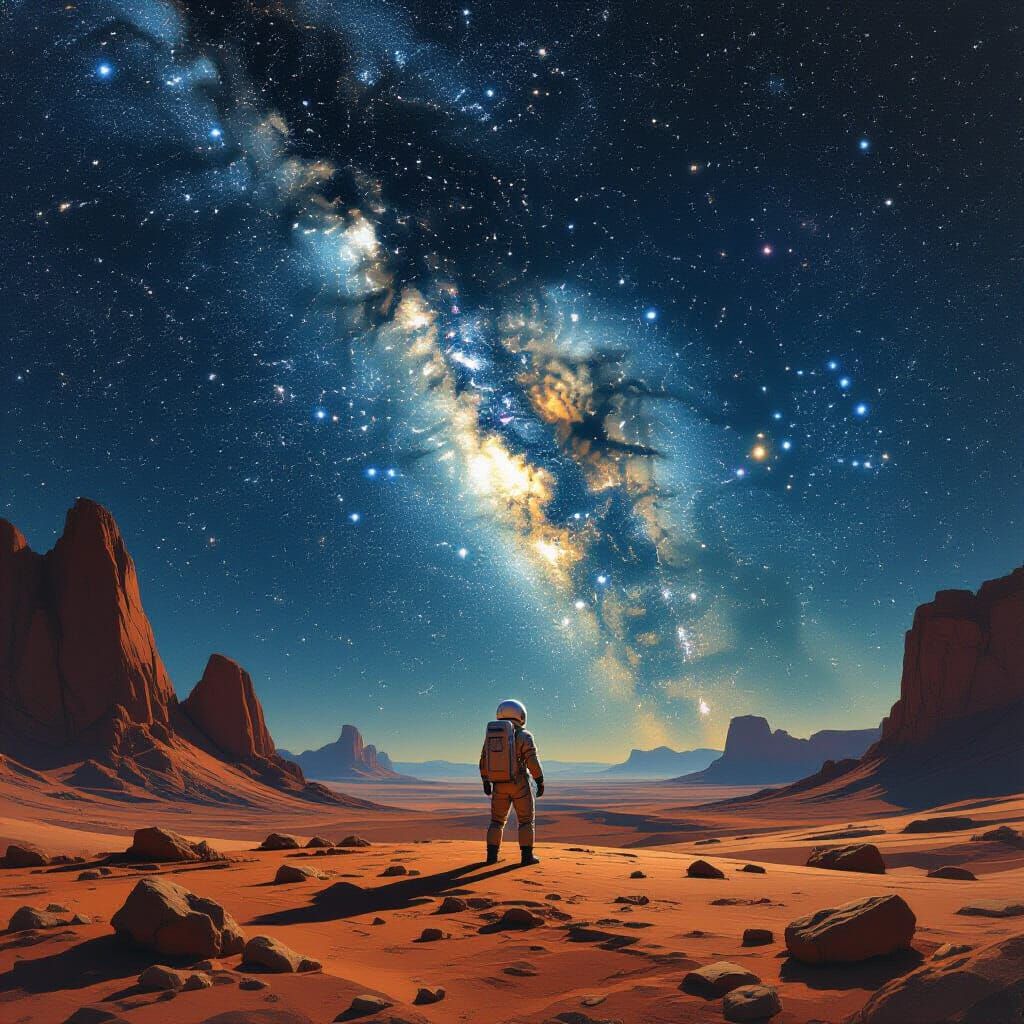 A lone astronaut stands on the surface of a distant planet ....