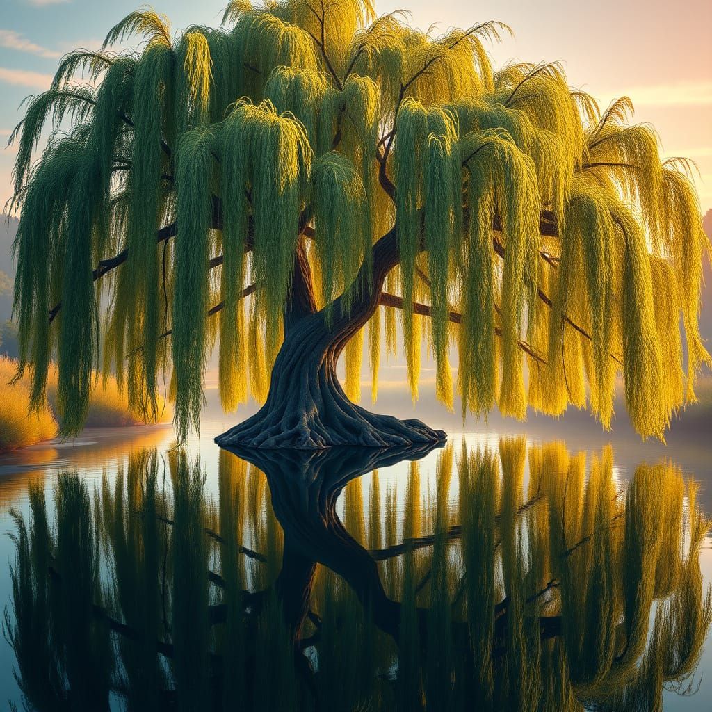 Ethereal Willow Landscape in Dreamlike Reflection