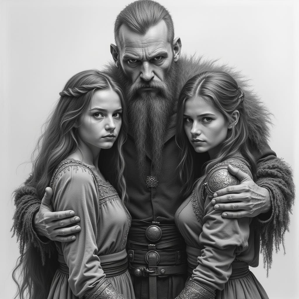 Viking Father and Teenage Daughters: Charcoal Drawing