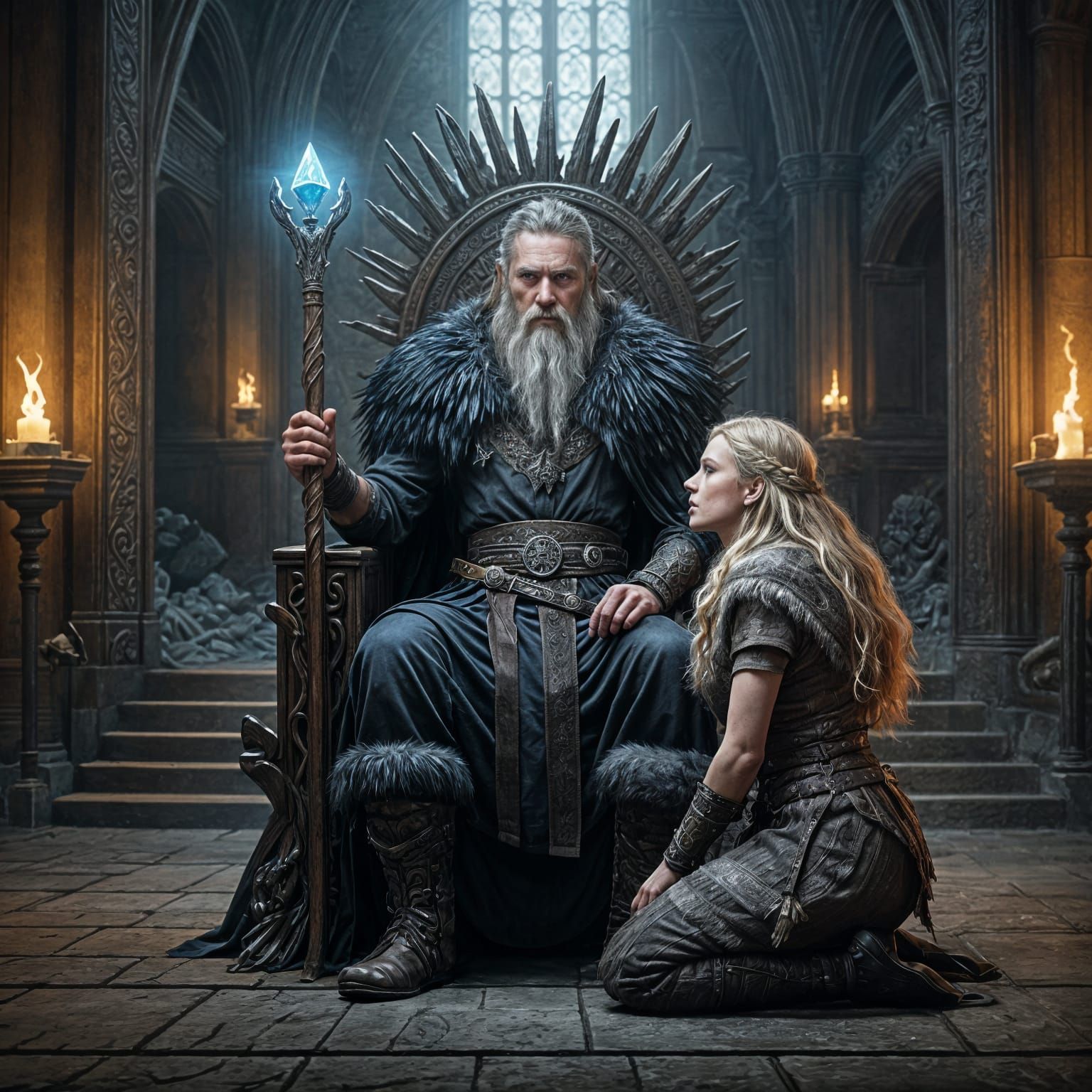 Viking Elder on Bone Throne in Ancient Hall