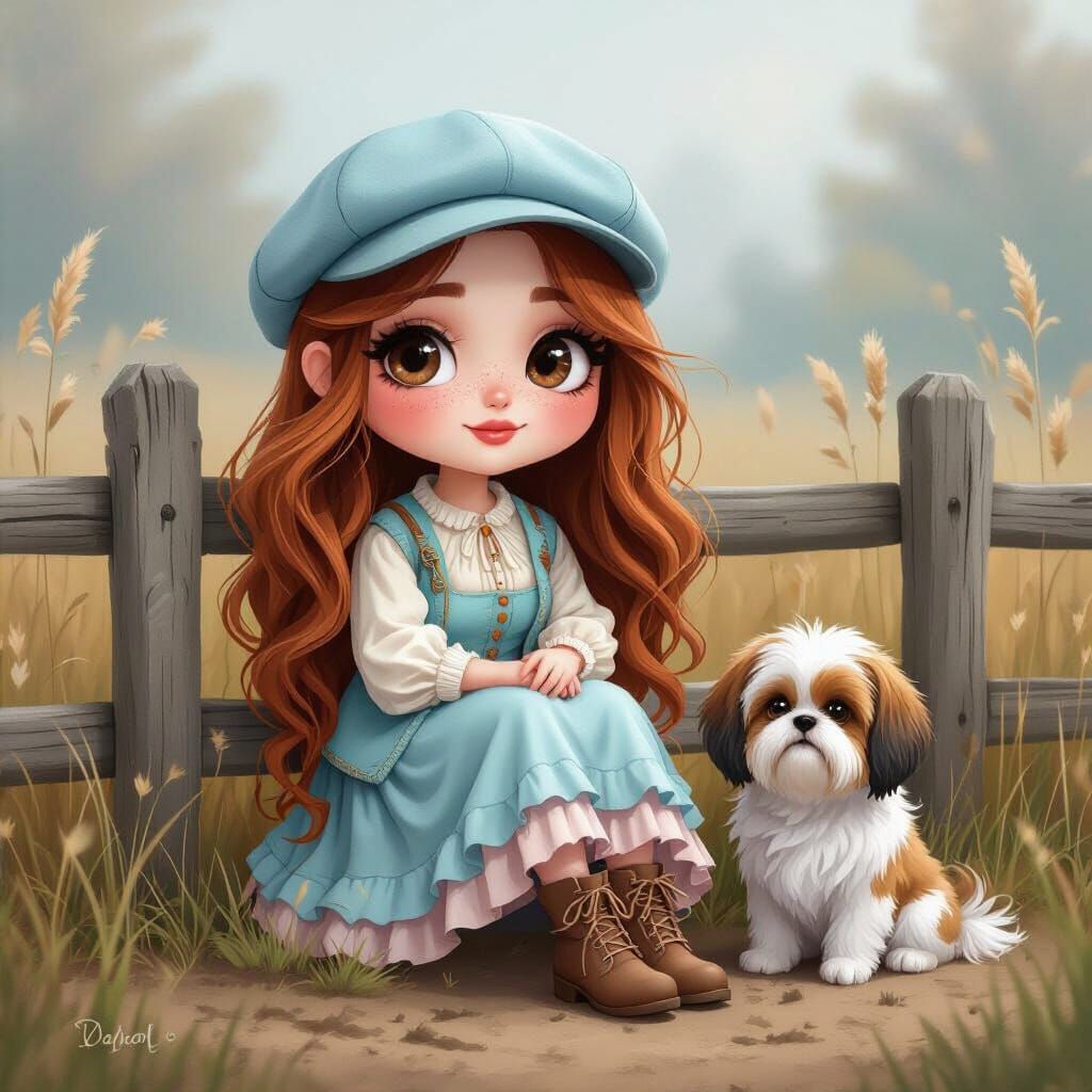 Whimsical Chibi Woman with Dog in Pastel Chalk Art