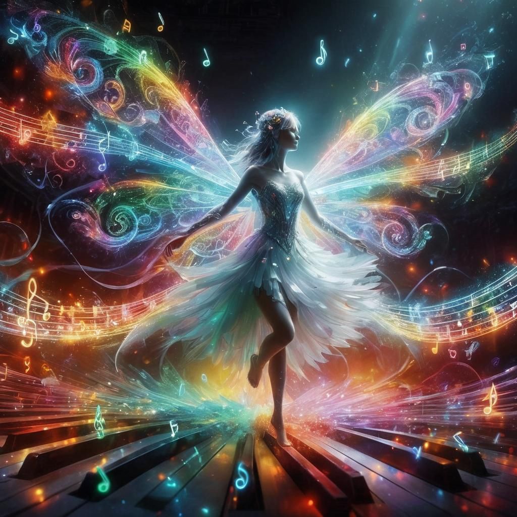 Rainbow Fairy with Piano Dress in Neon Light