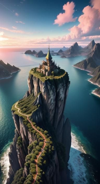 Floating Paradise Island at Sunset: Digital Art