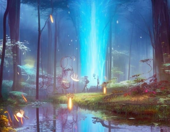Enchanted Rainforest with Fireflies and Dragonflies