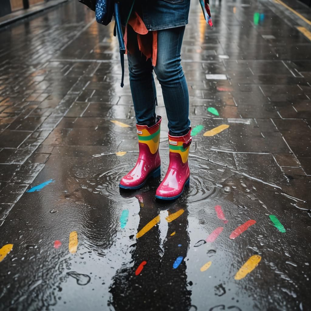 Rainy Cityscape with Rainbow and Sunshine