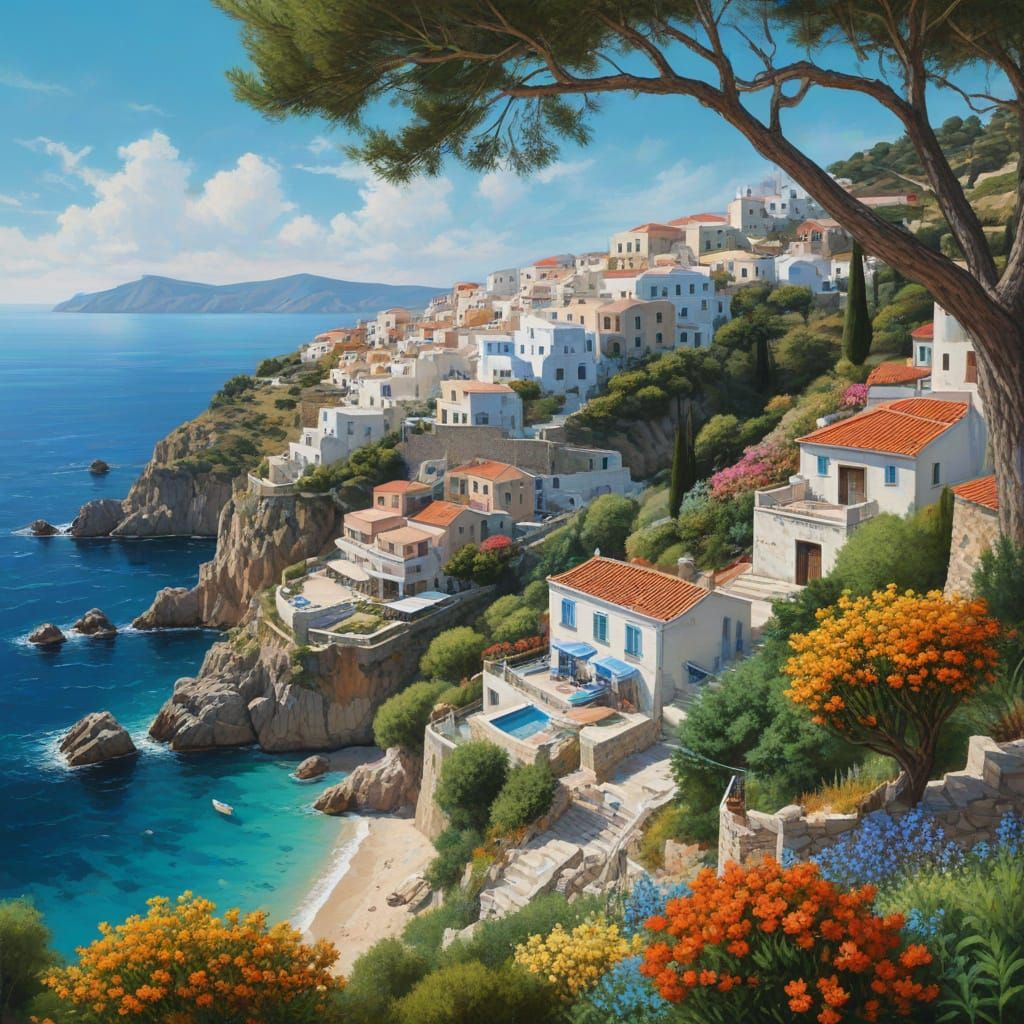 Picturesque Greek Village Overlooking Turquoise Sea