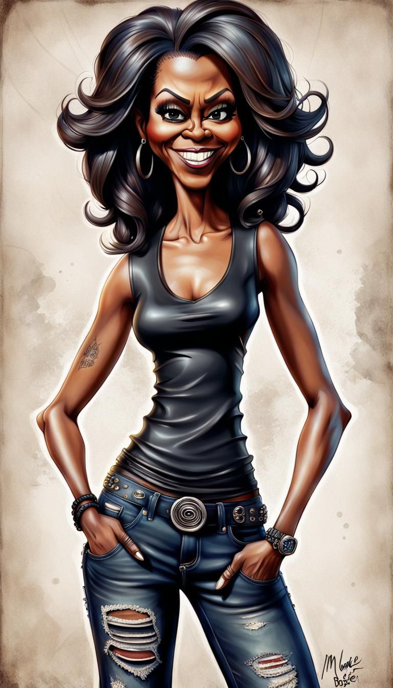 Grunge rocker outfit, funny caricature of Michelle Obama,  f...