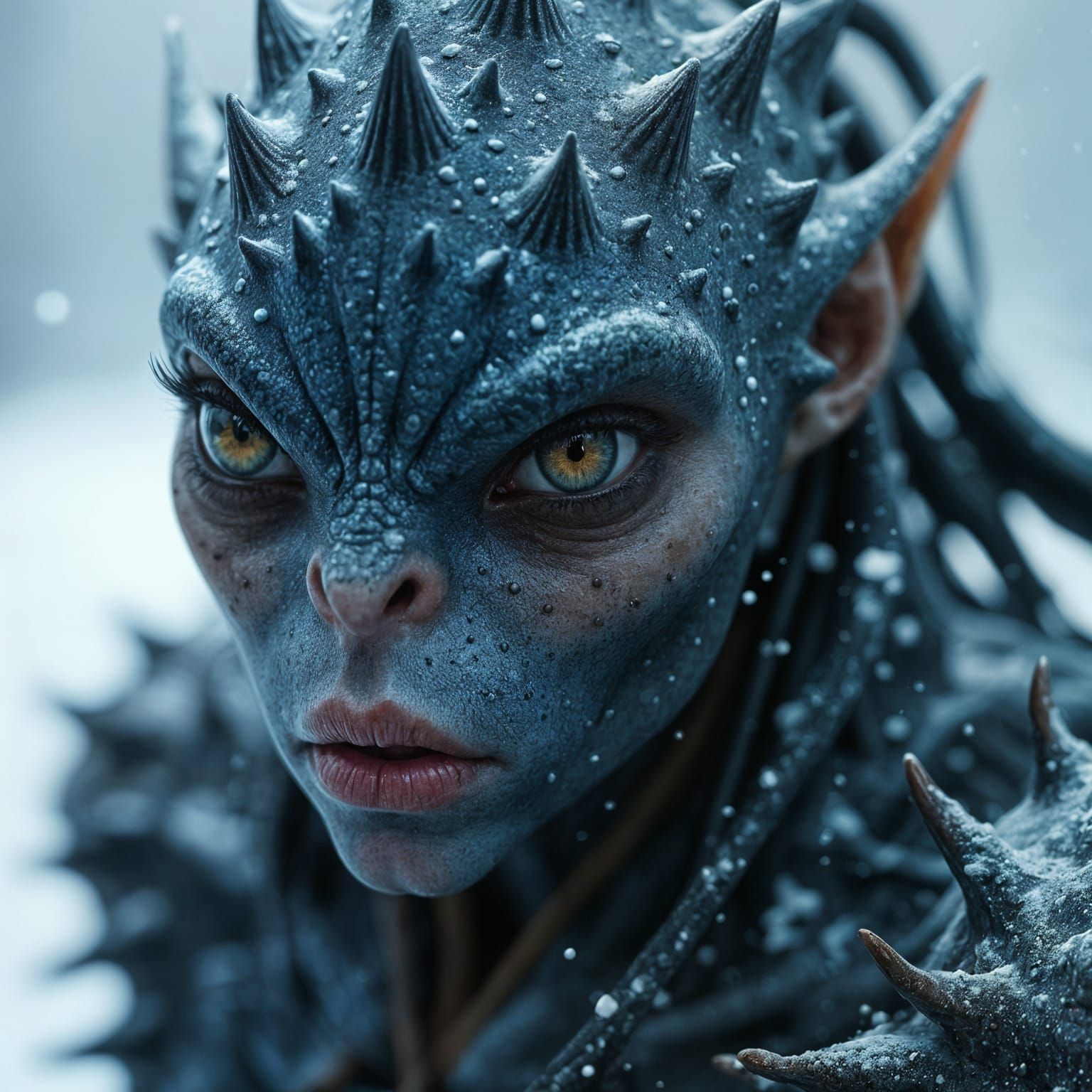 Muscular Alien Woman Struggles in Blizzard: Digital Art