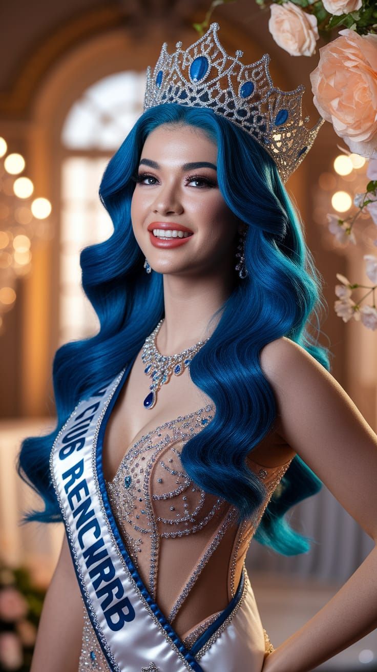 Beauty Queen with Blue Hair in Opulent Ballroom