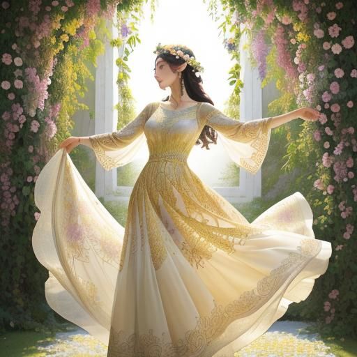 Geometric Botanical Art: Woman Dancing in Garden