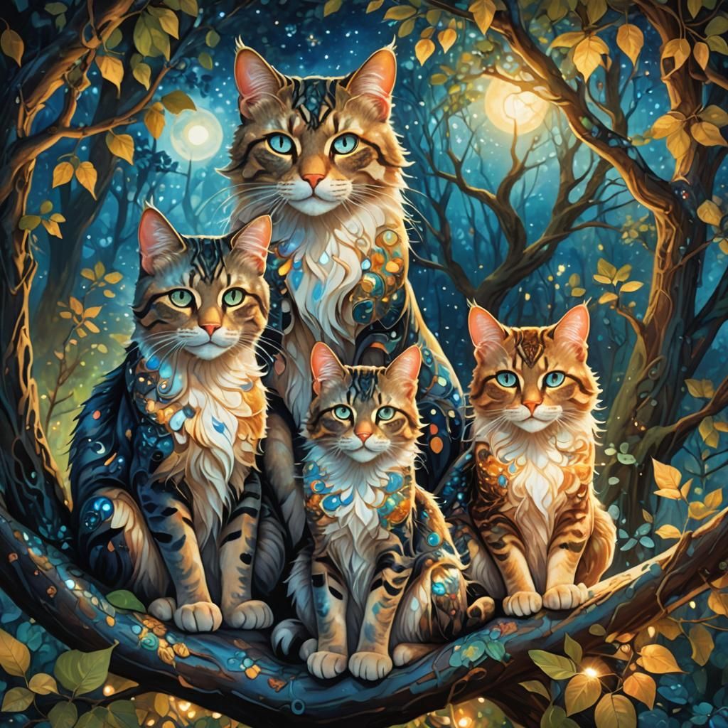 Magic Cat Family on Mystical Tree Branch