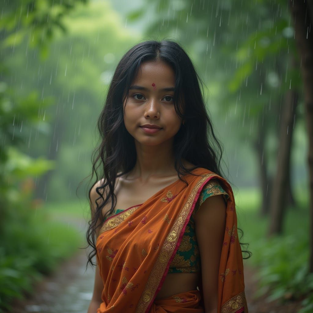 Malaysian Woman in Saree in Lush Park, Hyper-Realistic