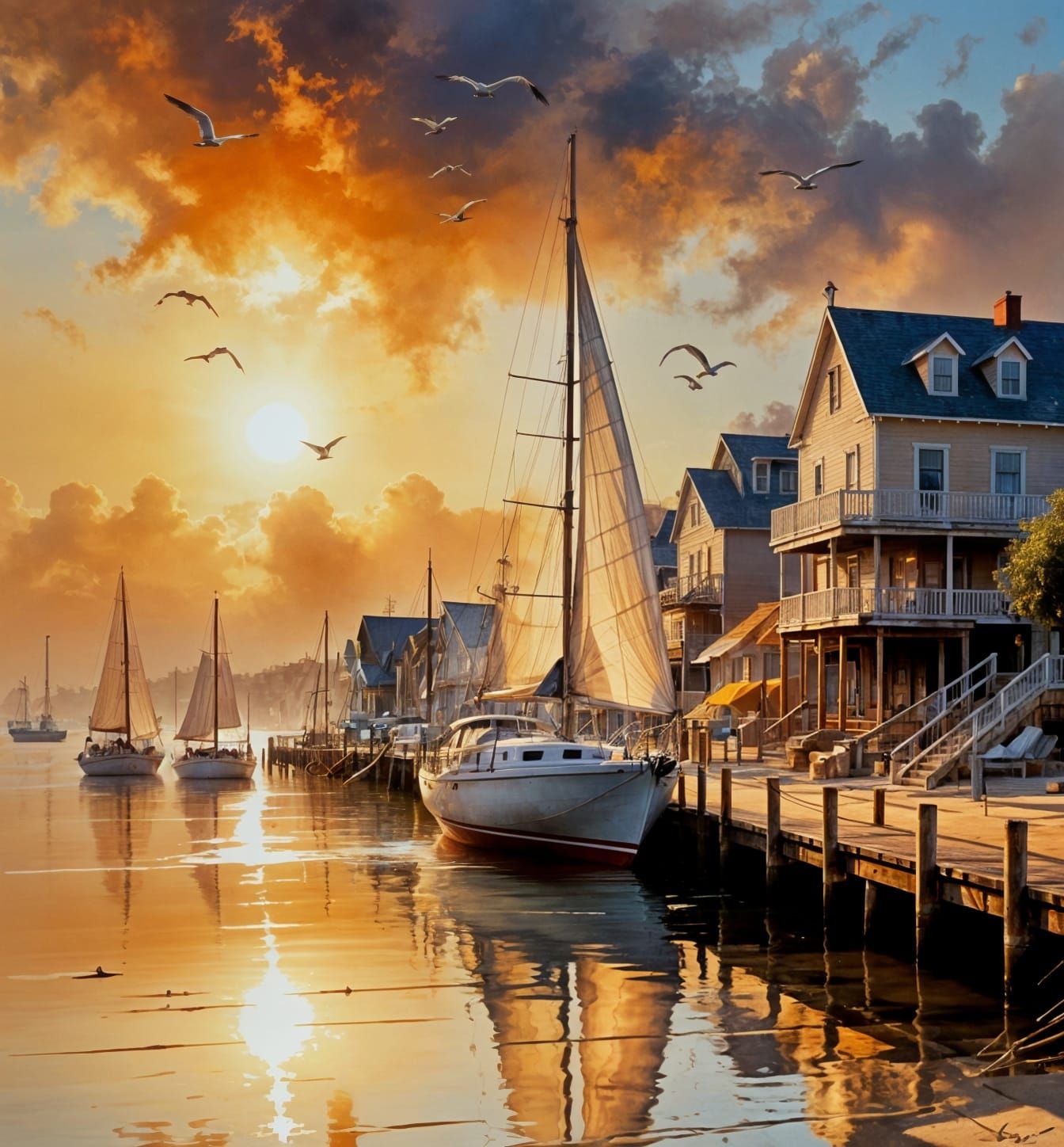 Harbor Town Elegance in Soft Watercolor Style