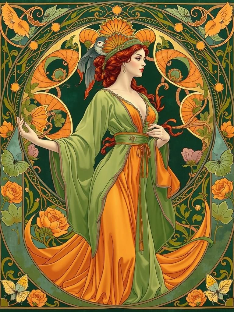 Art Nouveau Woman in Green and Orange Robes