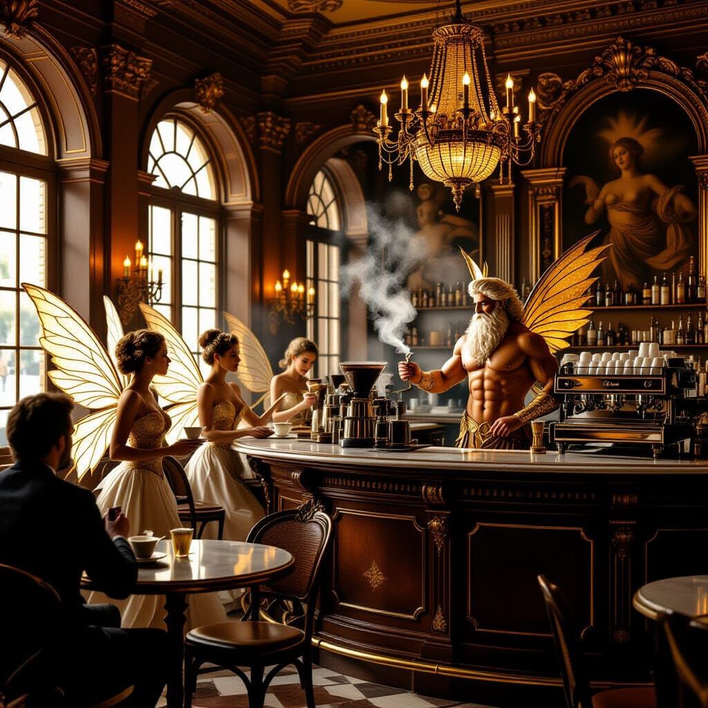 Baroque Coffeehouse with Fairies and Zeus Barista