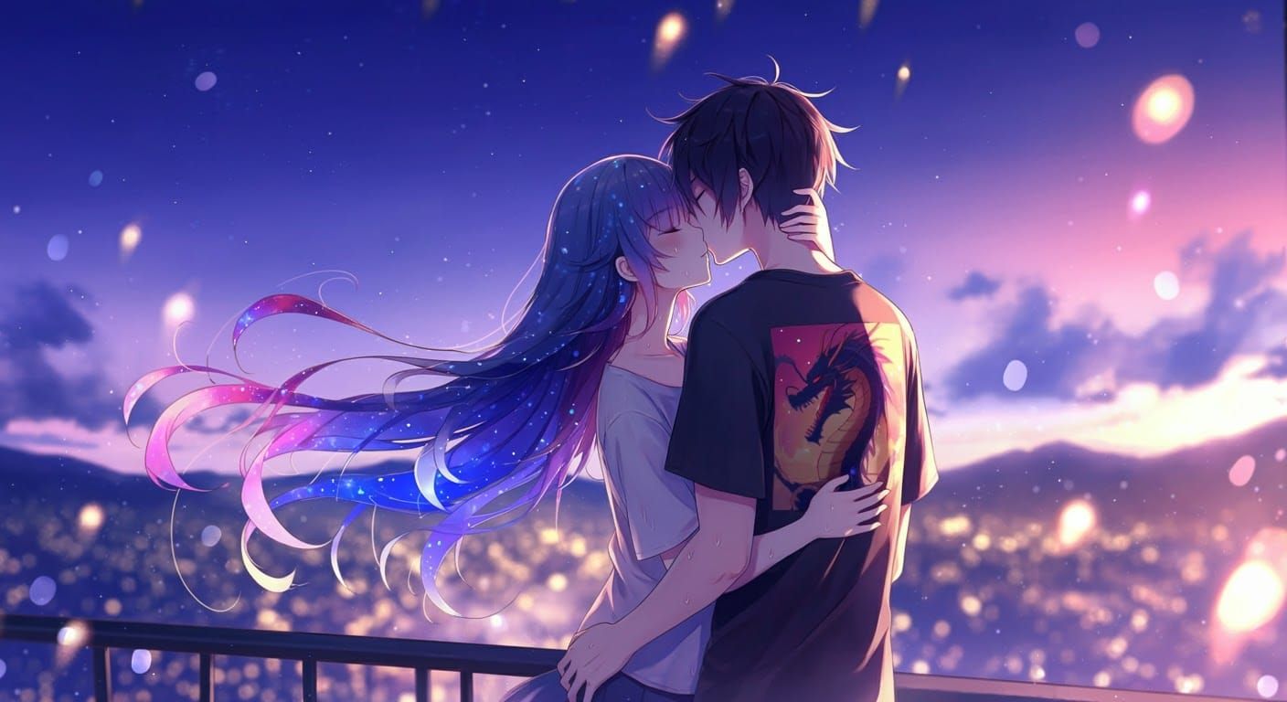 Anime Girl Kissing at Fireworks Festival in Pastel Style