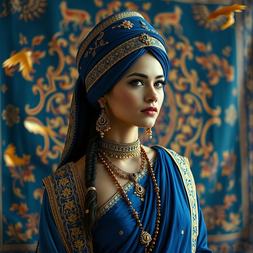 Stately Ethnic Woman in Regal Blue and Gold Attire