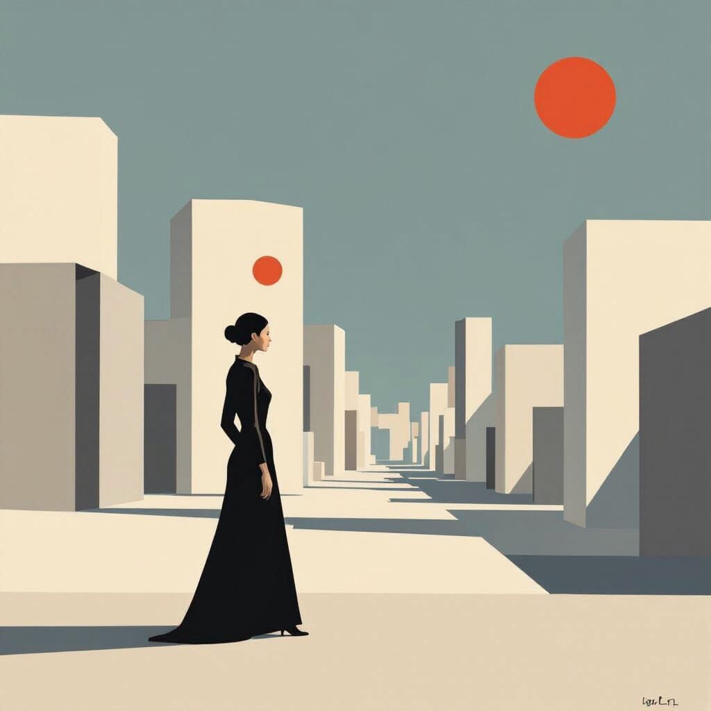 Minimalist Woman in Abstract Cityscape with Clean Lines