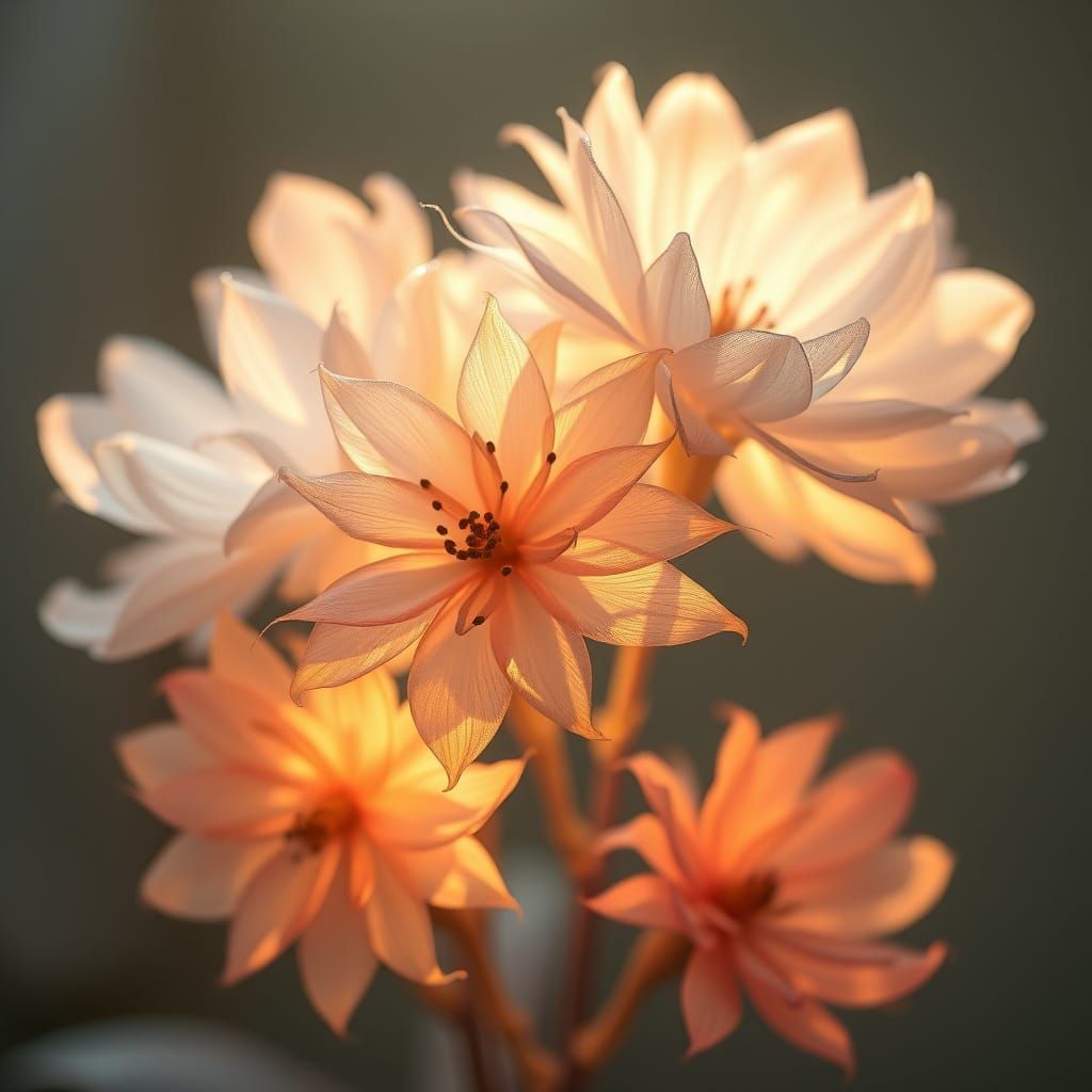 Dreamlike Flowers in Delicate Feathers with Warm, Multi-Leve...