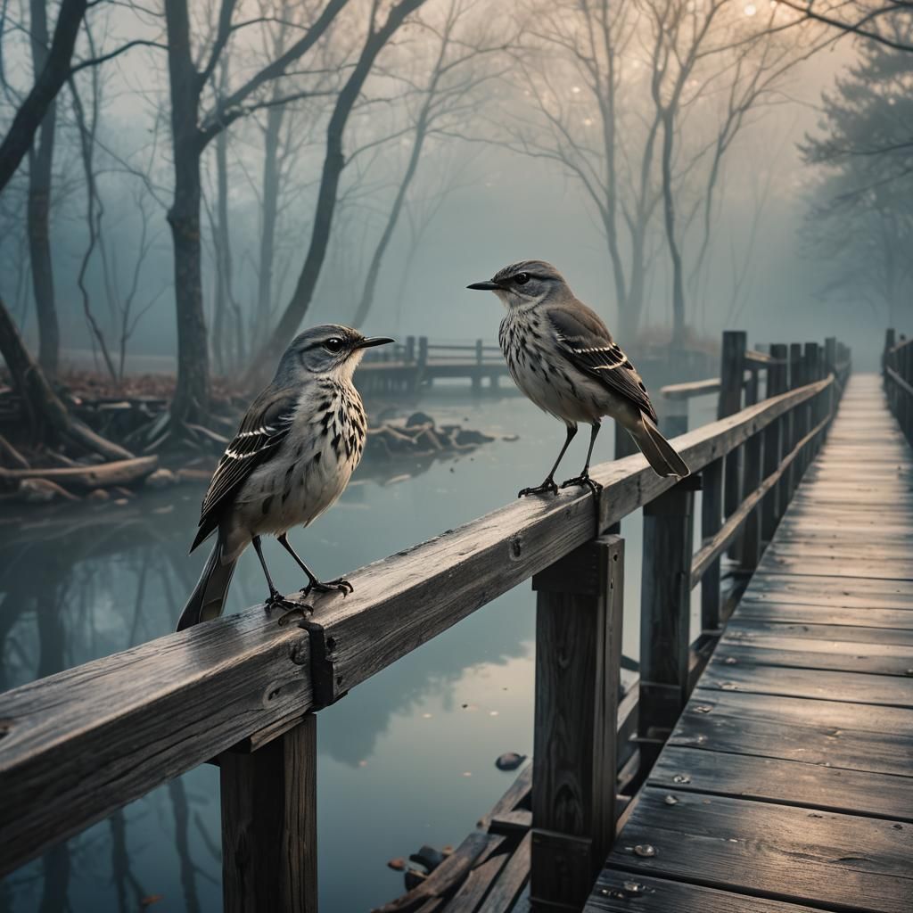 Mockingbird on Misty Bridge in Cinematic Digital Art